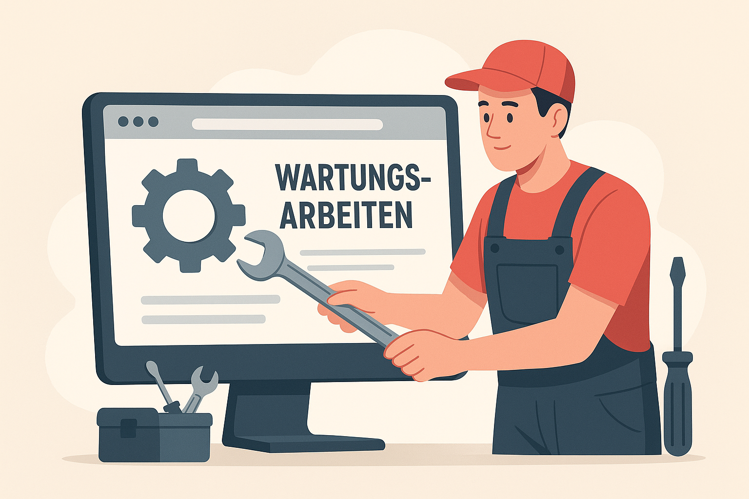 Das Bild zeigt einen Mechaniker mit einem Schraubenschlüssel in der Hand. Er steht vor einem Computer-Monitor auf dem das Wort Wartungsarbeiten zu lesen ist.